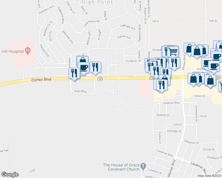 map of restaurants, bars, coffee shops, grocery stores, and more near 12260 Cortez Boulevard in Brooksville