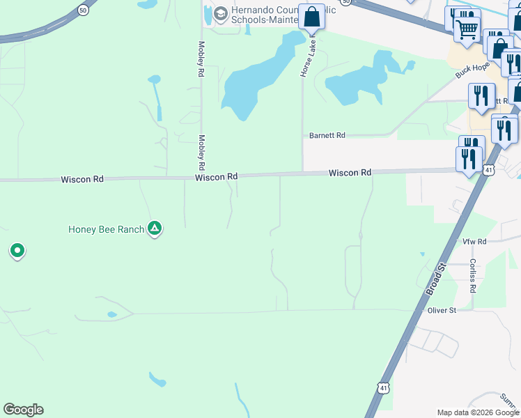 map of restaurants, bars, coffee shops, grocery stores, and more near 18499 Mason-Smith Road in Brooksville