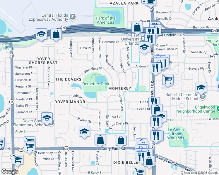 map of restaurants, bars, coffee shops, grocery stores, and more near 5421 San Marino Place in Orlando