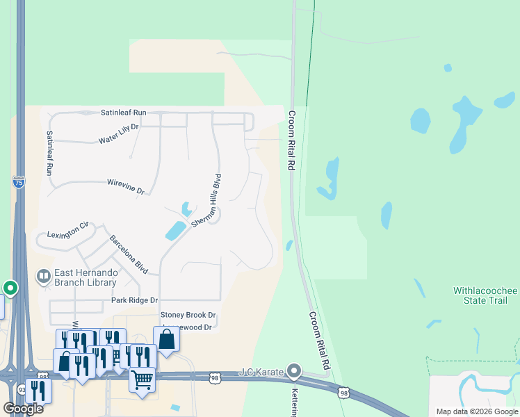 map of restaurants, bars, coffee shops, grocery stores, and more near 6882 Redbay Drive in Brooksville