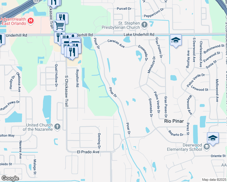 map of restaurants, bars, coffee shops, grocery stores, and more near 1100 Pinar Drive in Orlando