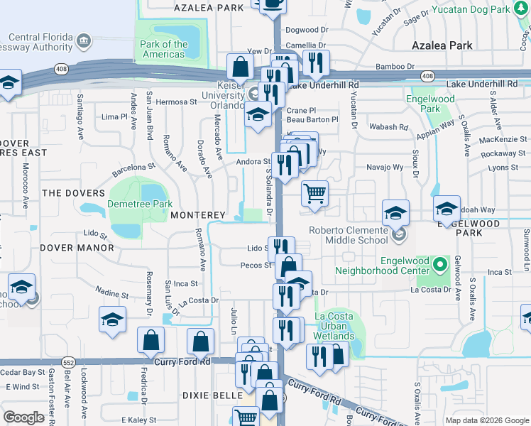 map of restaurants, bars, coffee shops, grocery stores, and more near 5566-5580 Casa Blanca Lane in Orlando
