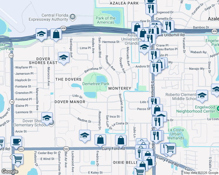 map of restaurants, bars, coffee shops, grocery stores, and more near 5421 San Marino Place in Orlando