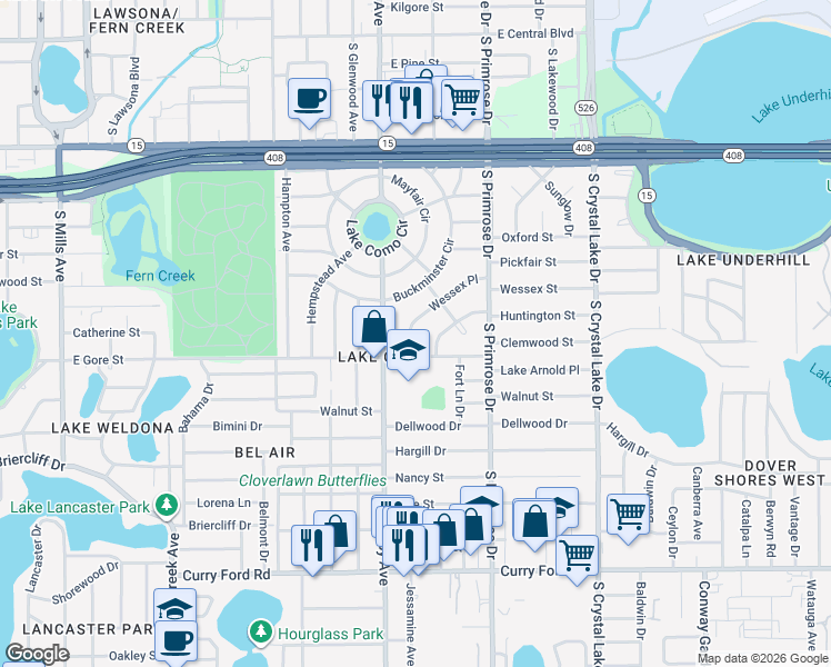 map of restaurants, bars, coffee shops, grocery stores, and more near 2417 East Gore Street in Orlando