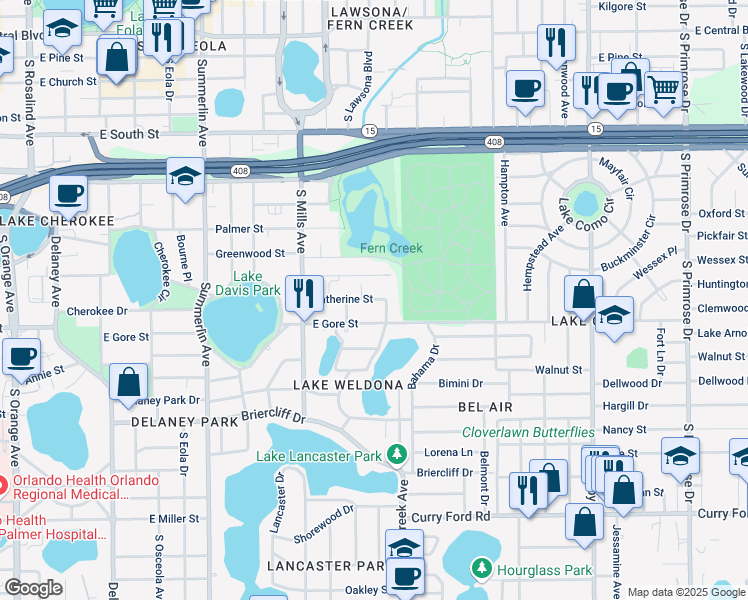 map of restaurants, bars, coffee shops, grocery stores, and more near 1419 East Gore Street in Orlando