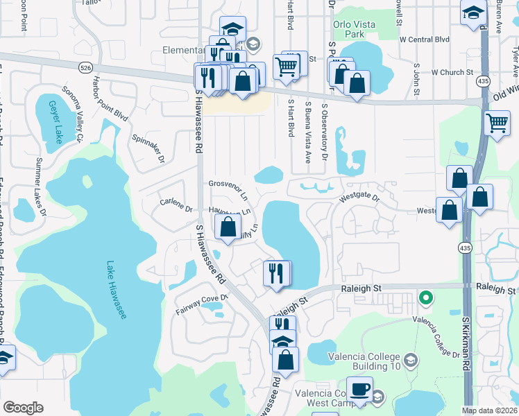 map of restaurants, bars, coffee shops, grocery stores, and more near 6451 Piccadilly Lane in Orlando