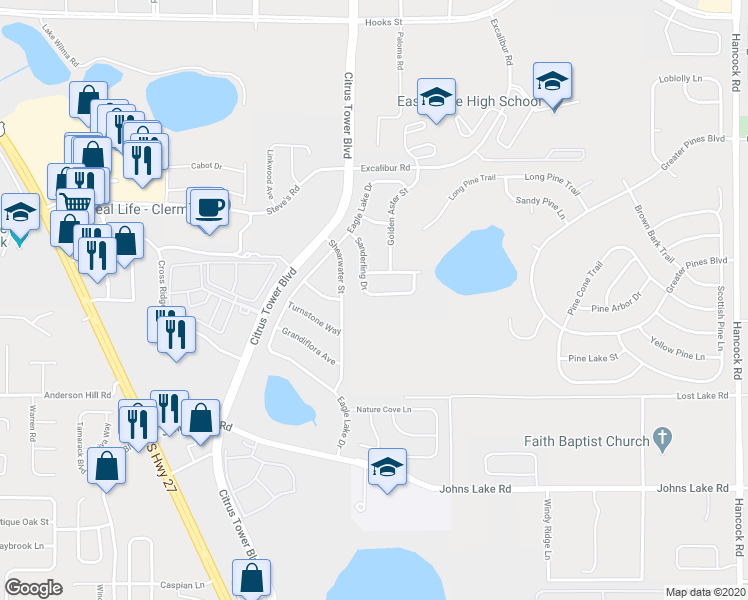 map of restaurants, bars, coffee shops, grocery stores, and more near 1877 Sanderling Drive in Clermont