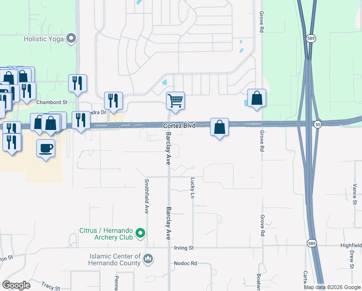 map of restaurants, bars, coffee shops, grocery stores, and more near 7110 Barclay Avenue in Brooksville