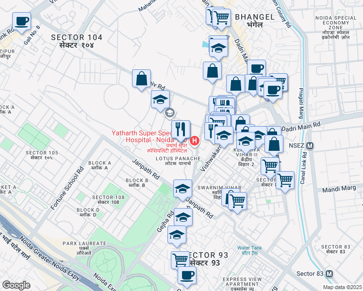 map of restaurants, bars, coffee shops, grocery stores, and more near in Noida