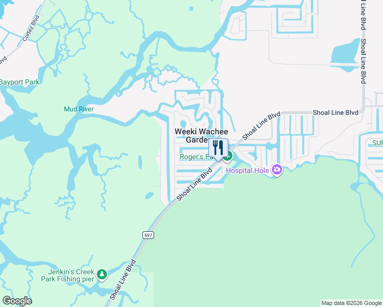 map of restaurants, bars, coffee shops, grocery stores, and more near 5296 Circle Drive in Spring Hill