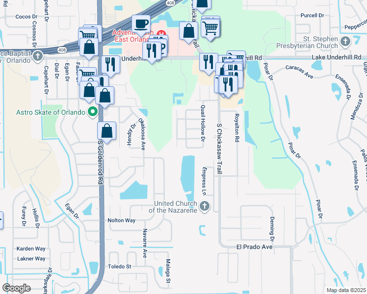 map of restaurants, bars, coffee shops, grocery stores, and more near 780 Hummingbird Lane in Orlando