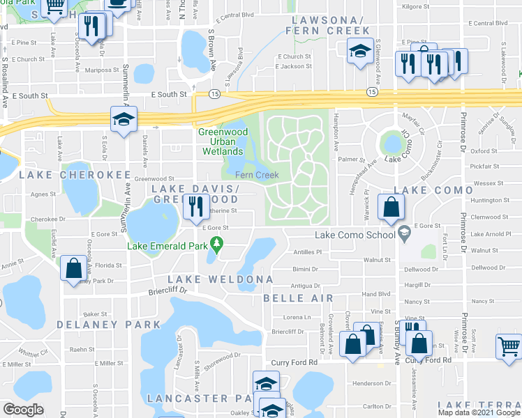 map of restaurants, bars, coffee shops, grocery stores, and more near 1529 Catherine Street in Orlando