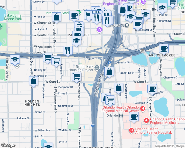 map of restaurants, bars, coffee shops, grocery stores, and more near 74 Callahan Drive in Orlando