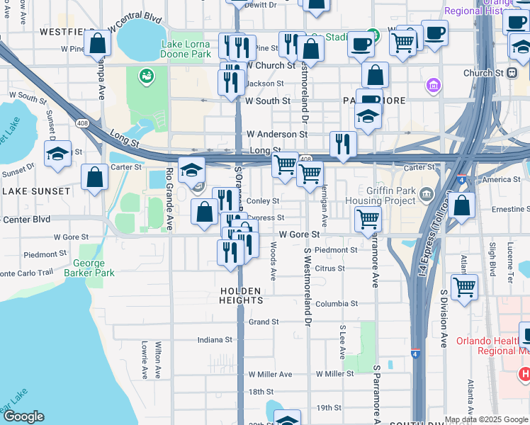 map of restaurants, bars, coffee shops, grocery stores, and more near 1219 Conley Street in Orlando