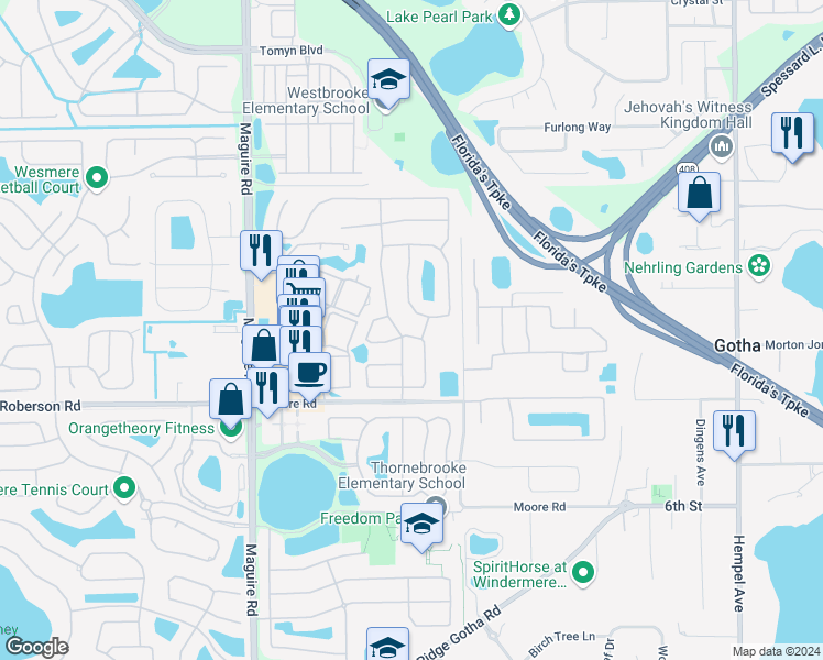 map of restaurants, bars, coffee shops, grocery stores, and more near 464 Goldenmoss Loop in Ocoee