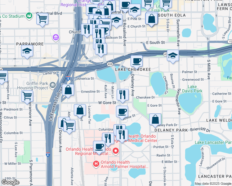 map of restaurants, bars, coffee shops, grocery stores, and more near 800 South Orange Avenue in Orlando
