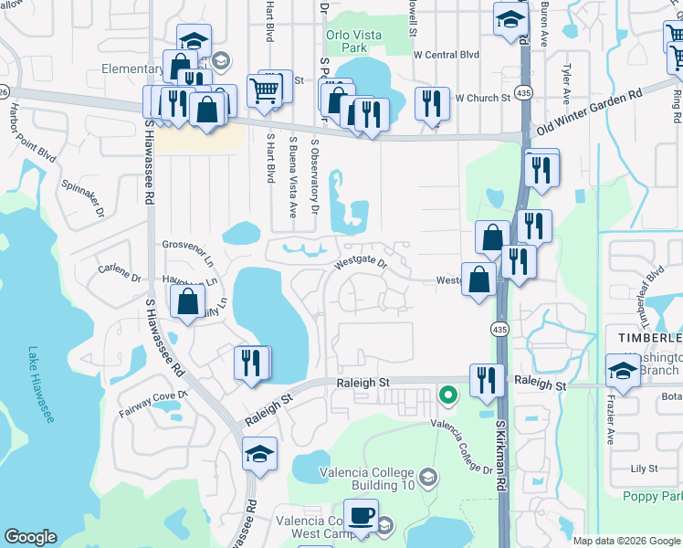 map of restaurants, bars, coffee shops, grocery stores, and more near 6065 Westgate Drive in Orlando