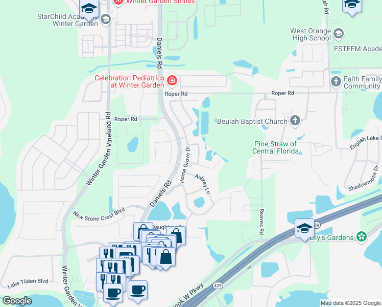 map of restaurants, bars, coffee shops, grocery stores, and more near 751 Home Grove Drive in Winter Garden