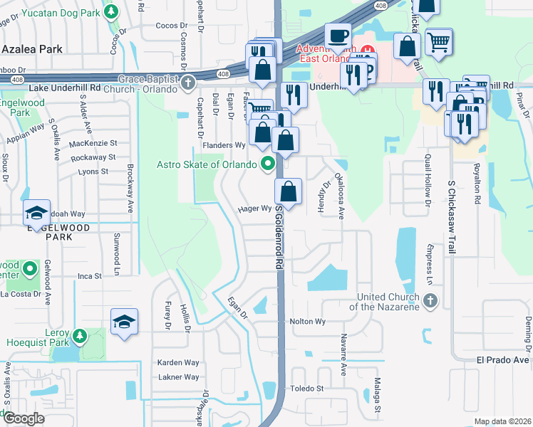 map of restaurants, bars, coffee shops, grocery stores, and more near 7401 Hager Way in Orlando