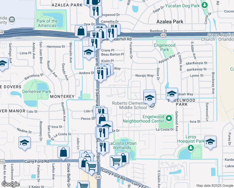map of restaurants, bars, coffee shops, grocery stores, and more near 805 Quito Avenue in Orlando