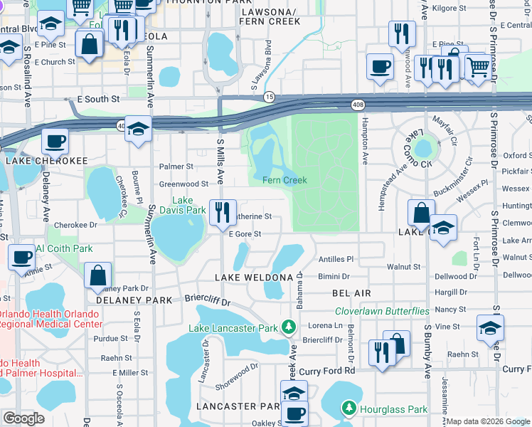 map of restaurants, bars, coffee shops, grocery stores, and more near 1412 Noble Place in Orlando