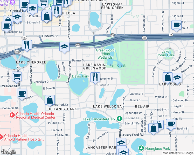 map of restaurants, bars, coffee shops, grocery stores, and more near in Orlando