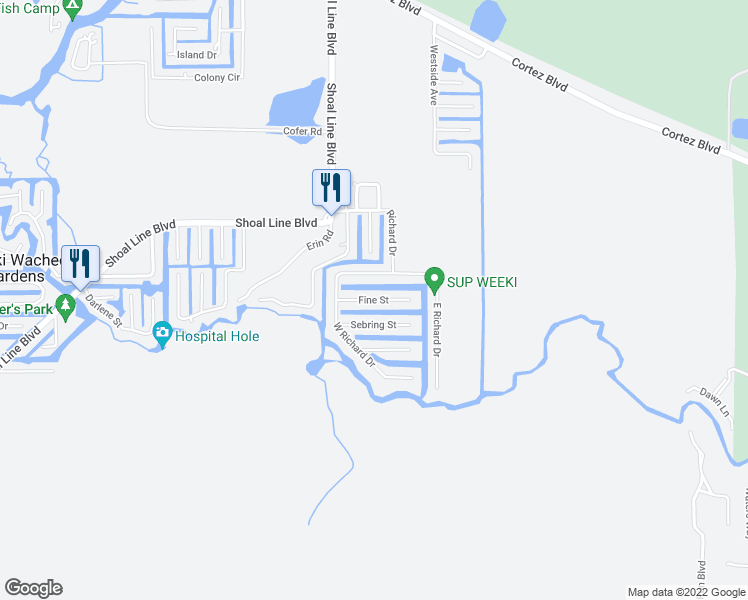 map of restaurants, bars, coffee shops, grocery stores, and more near 6284 Fine Street in Weeki Wachee