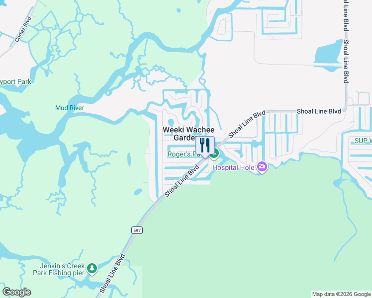 map of restaurants, bars, coffee shops, grocery stores, and more near in Weeki Wachee Gardens
