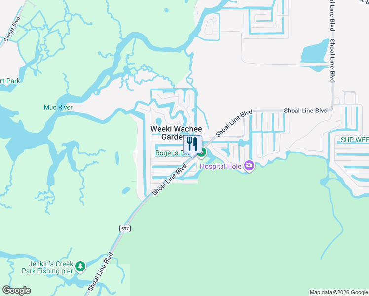 map of restaurants, bars, coffee shops, grocery stores, and more near in Weeki Wachee Gardens
