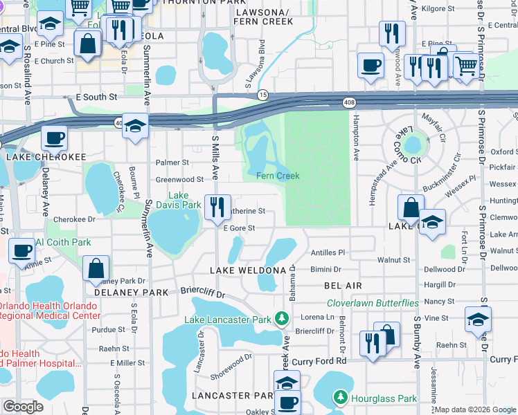 map of restaurants, bars, coffee shops, grocery stores, and more near 1412 Noble Place in Orlando