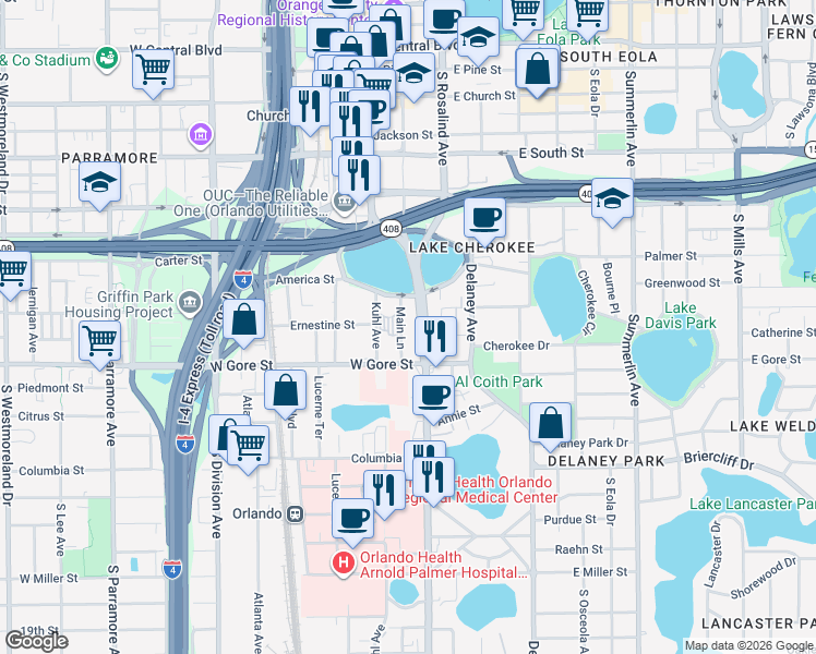 map of restaurants, bars, coffee shops, grocery stores, and more near 747 South Orange Avenue in Orlando