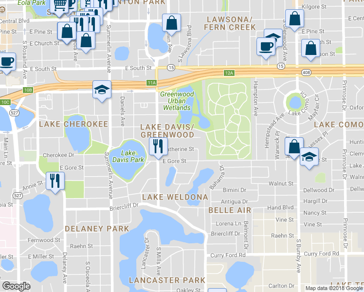 map of restaurants, bars, coffee shops, grocery stores, and more near 1412 Noble Place in Orlando