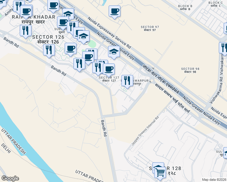 map of restaurants, bars, coffee shops, grocery stores, and more near Unnamed Road in Noida