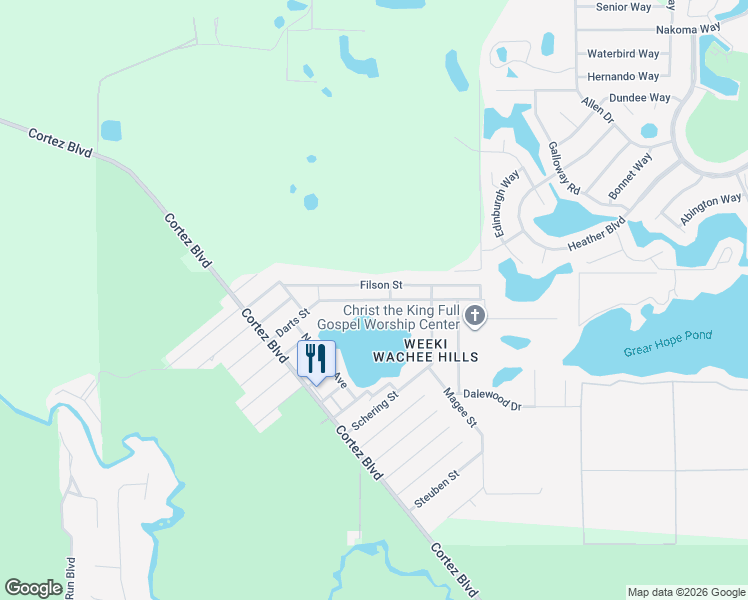 map of restaurants, bars, coffee shops, grocery stores, and more near 8128 Filson Street in Brooksville