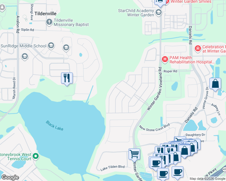 map of restaurants, bars, coffee shops, grocery stores, and more near Reflections Lane in Winter Garden