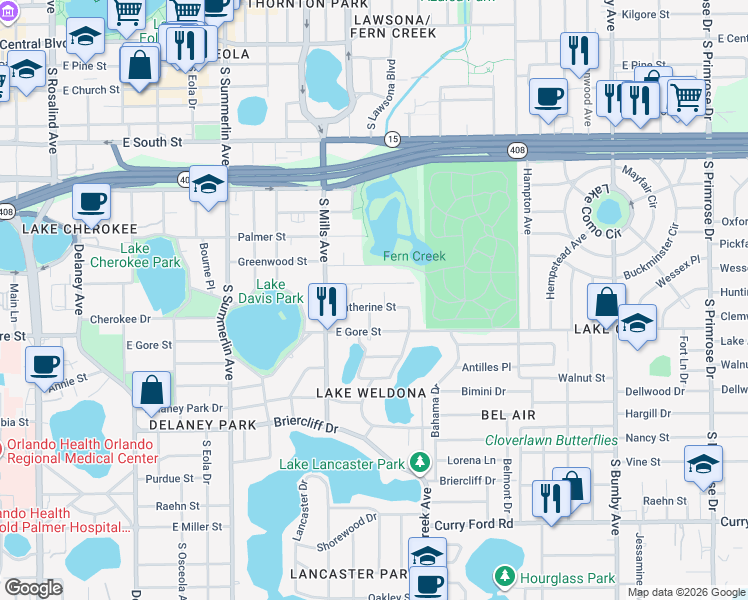 map of restaurants, bars, coffee shops, grocery stores, and more near 1412 Noble Place in Orlando