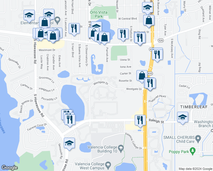 map of restaurants, bars, coffee shops, grocery stores, and more near 6005 Westgate Drive in Orlando