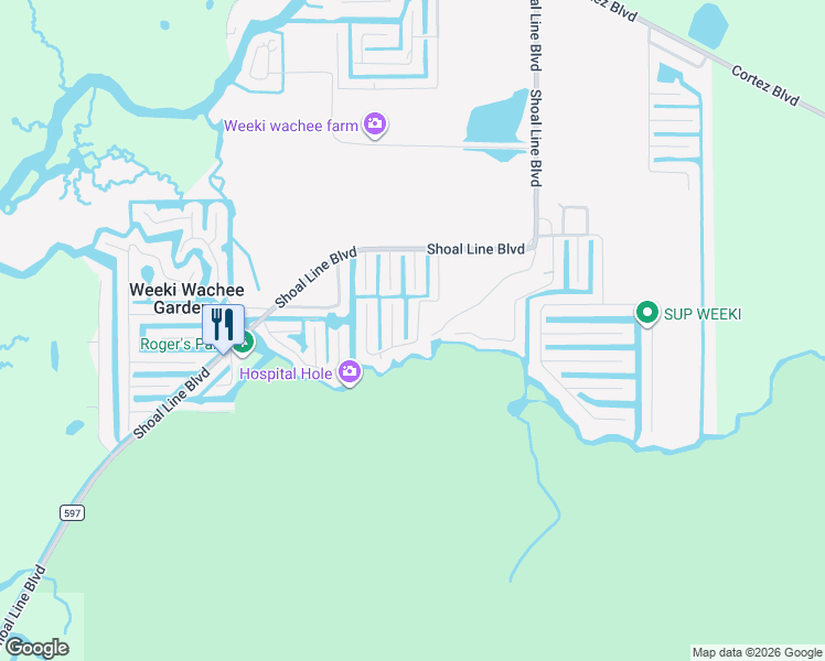 map of restaurants, bars, coffee shops, grocery stores, and more near 6169 Waverly Road in Weeki Wachee