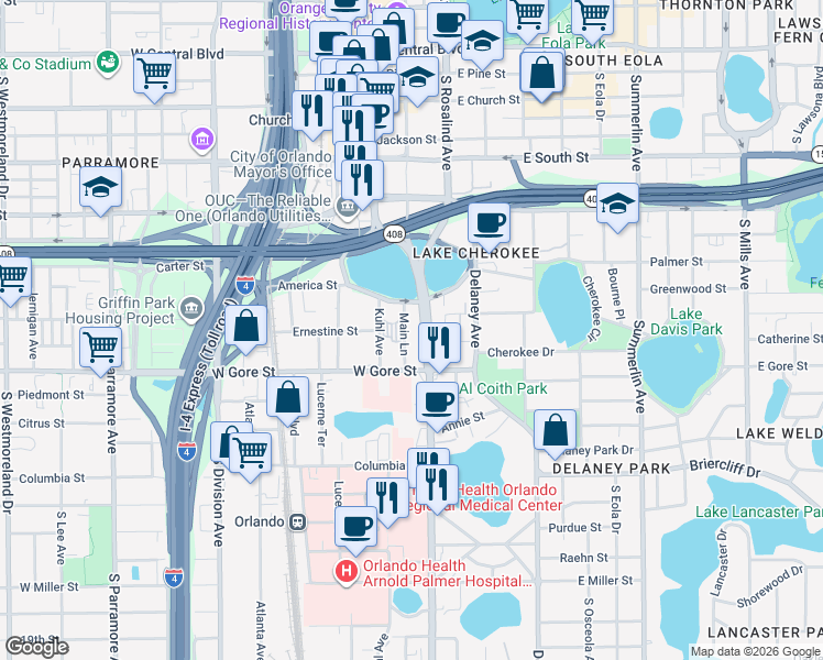 map of restaurants, bars, coffee shops, grocery stores, and more near 733 Main Lane in Orlando