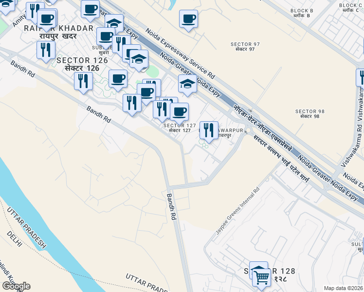 map of restaurants, bars, coffee shops, grocery stores, and more near in Noida