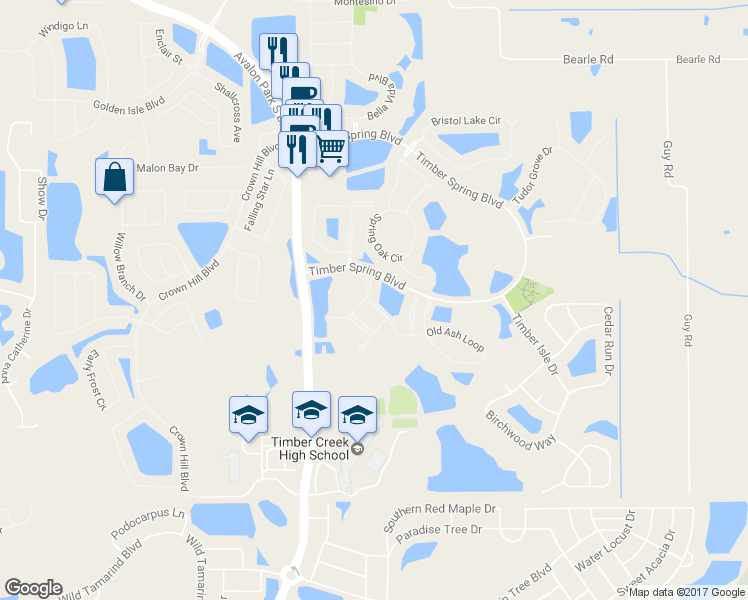 map of restaurants, bars, coffee shops, grocery stores, and more near 16543 Cedar Crest Drive in Orlando