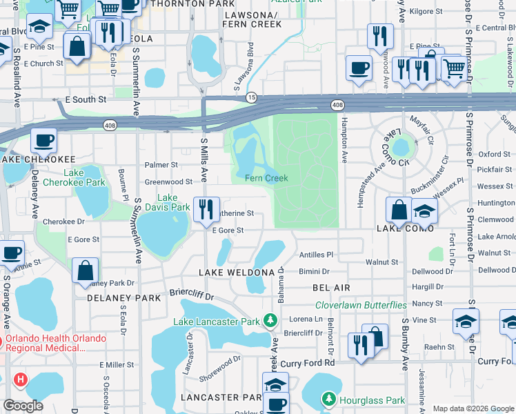 map of restaurants, bars, coffee shops, grocery stores, and more near 1412 Noble Place in Orlando