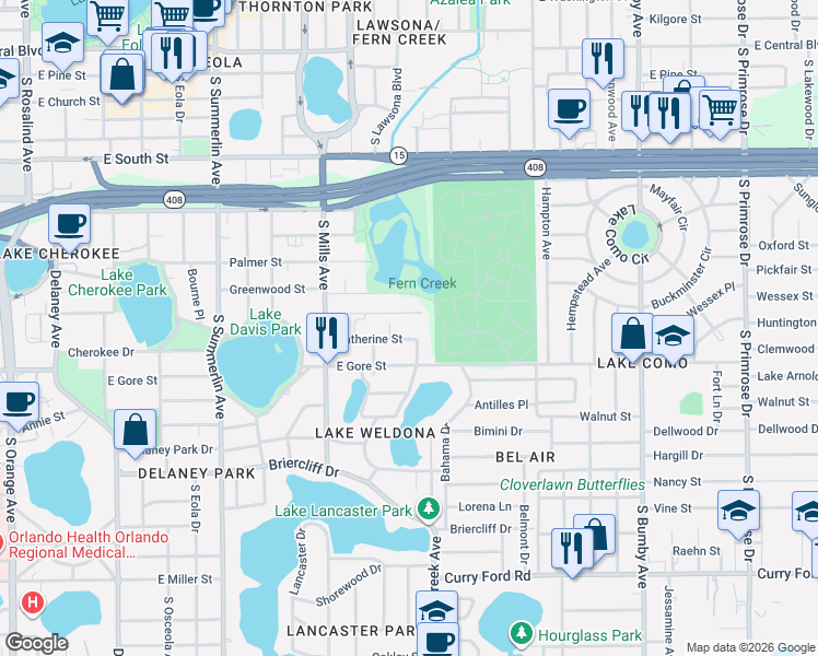 map of restaurants, bars, coffee shops, grocery stores, and more near 1412 Noble Place in Orlando