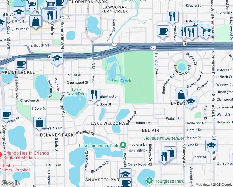 map of restaurants, bars, coffee shops, grocery stores, and more near 1412 Noble Place in Orlando