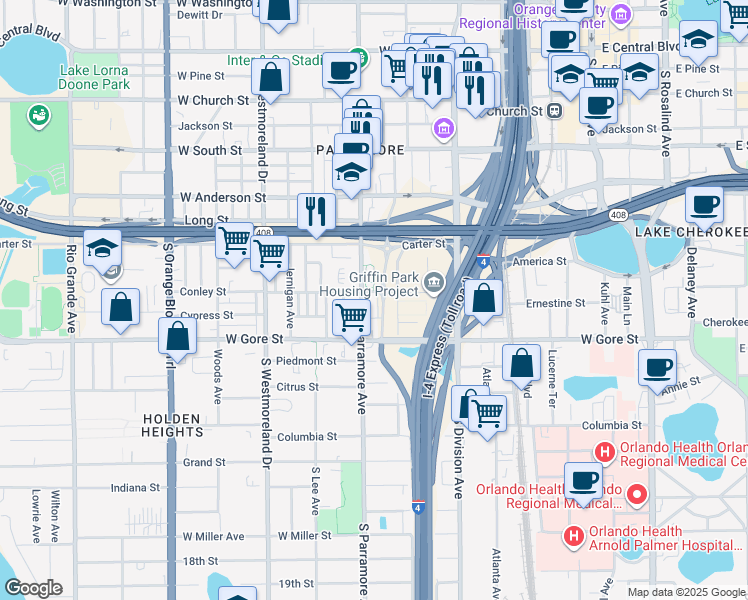 map of restaurants, bars, coffee shops, grocery stores, and more near 622 Conley Street in Orlando
