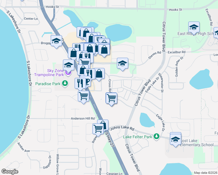 map of restaurants, bars, coffee shops, grocery stores, and more near 2577 South Highway 27 in Clermont