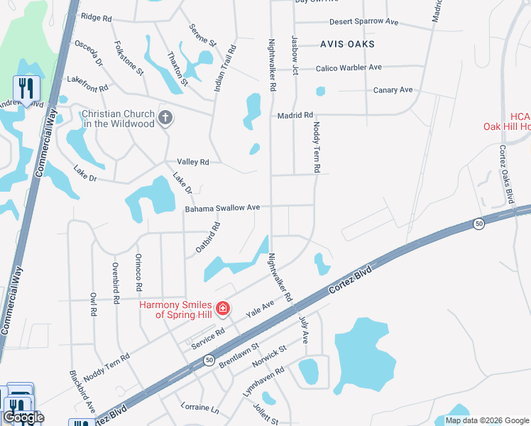 map of restaurants, bars, coffee shops, grocery stores, and more near 7311 Bahama Swallow Avenue in Spring Hill