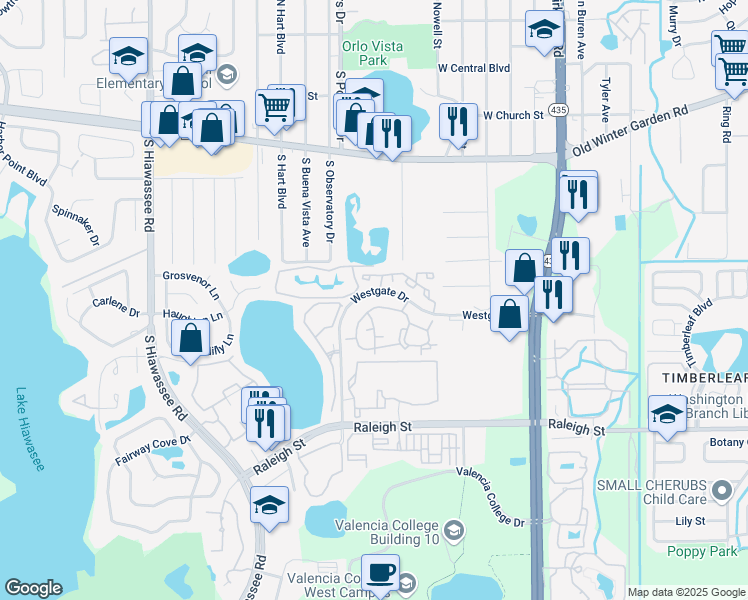 map of restaurants, bars, coffee shops, grocery stores, and more near 6082 Westgate Drive in Orlando