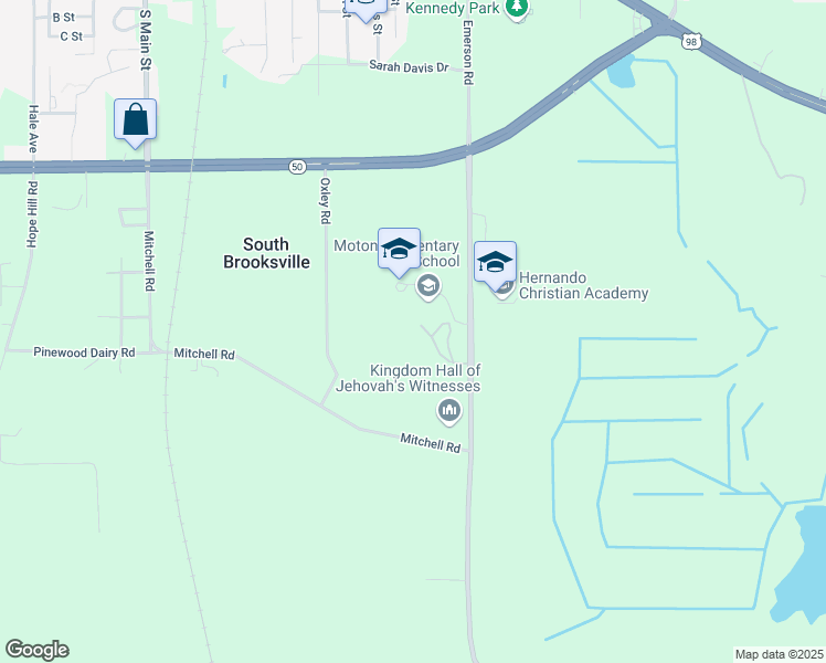 map of restaurants, bars, coffee shops, grocery stores, and more near 7175 Emerson Road in Brooksville