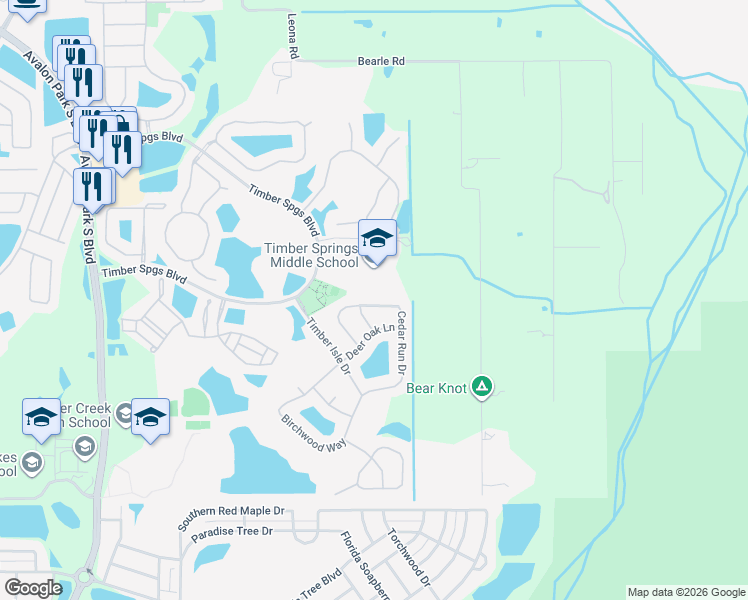 map of restaurants, bars, coffee shops, grocery stores, and more near 16674 Cedar Run Drive in Orlando